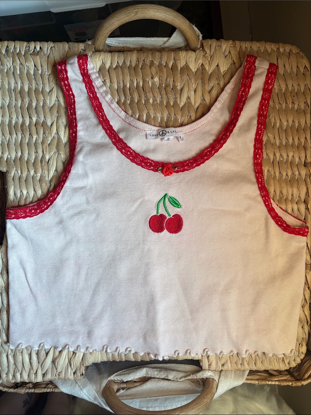 100%cotton cream/ baby pink Crop Tank with Red Trim & Cherry Embroidery sleep sh
